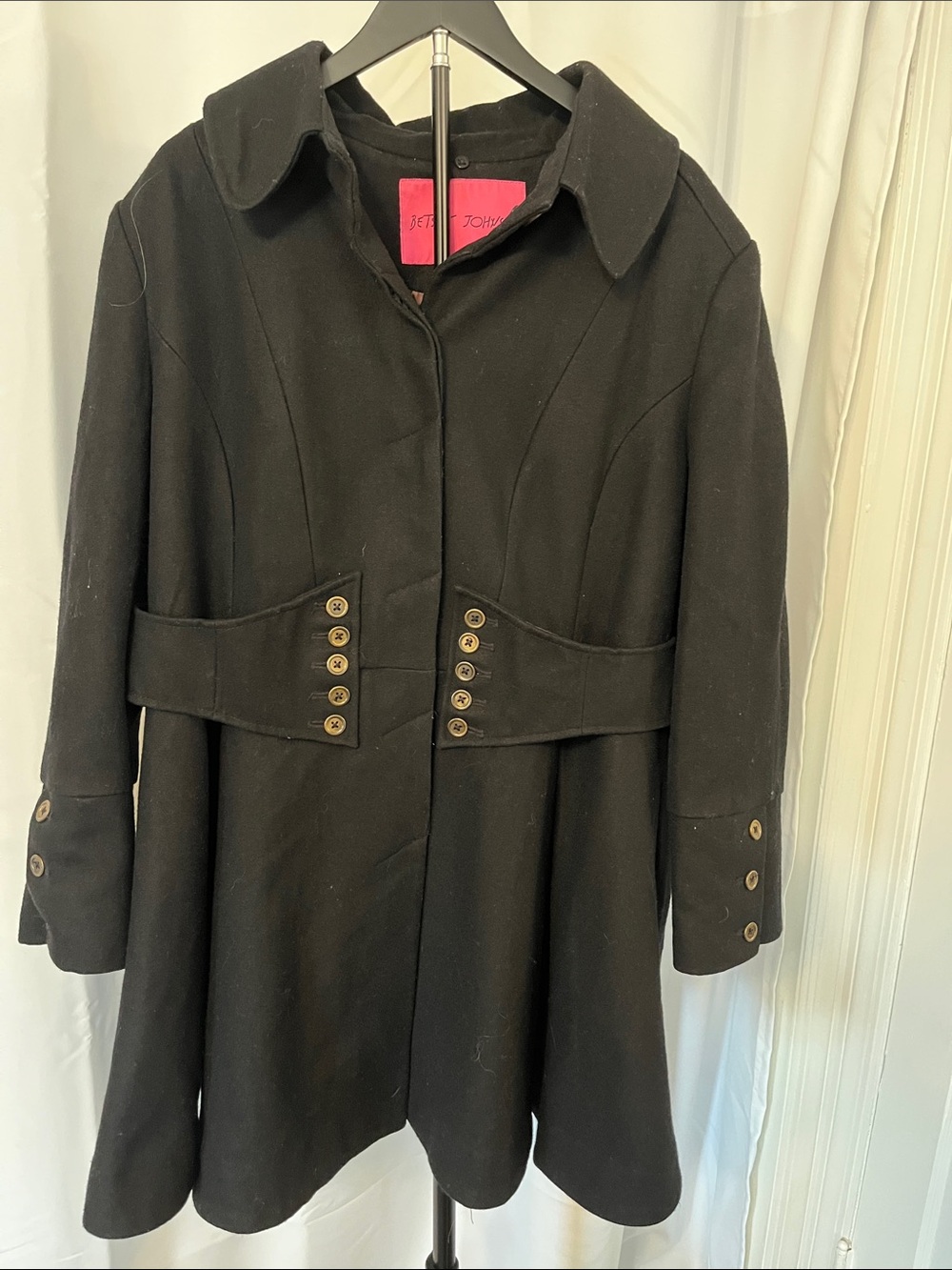 Betsey Johnson Black Wool-Blend Pea Coat with Button Waist Detail